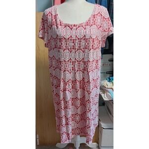 Perceptions New York 18 Ladies Red Dress White Textured Floral Short Sleeve Midi